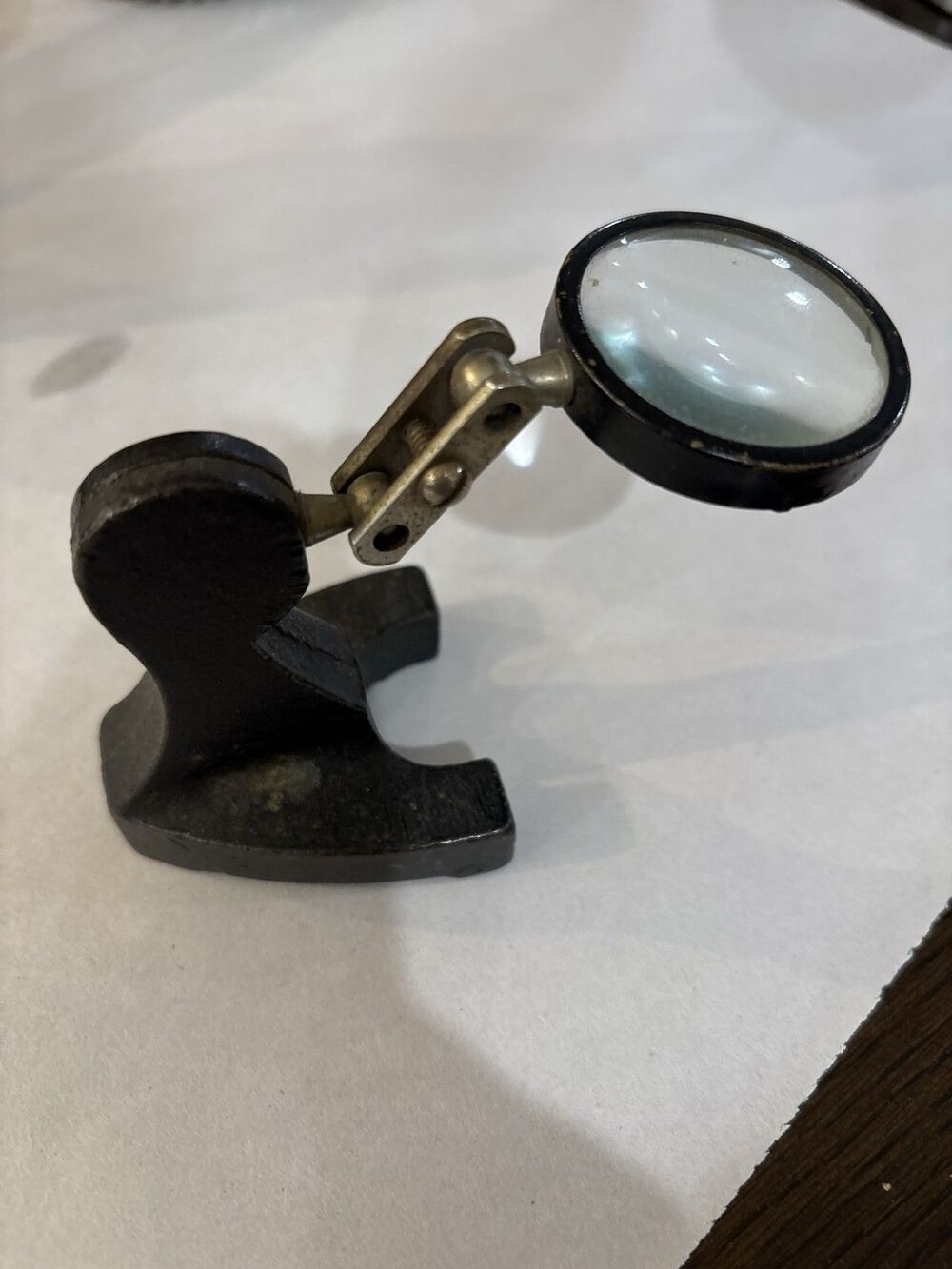 Boston Desk Magnifier Cast Iron Adjustable Heavy Base Magnifying Glass USA VTG